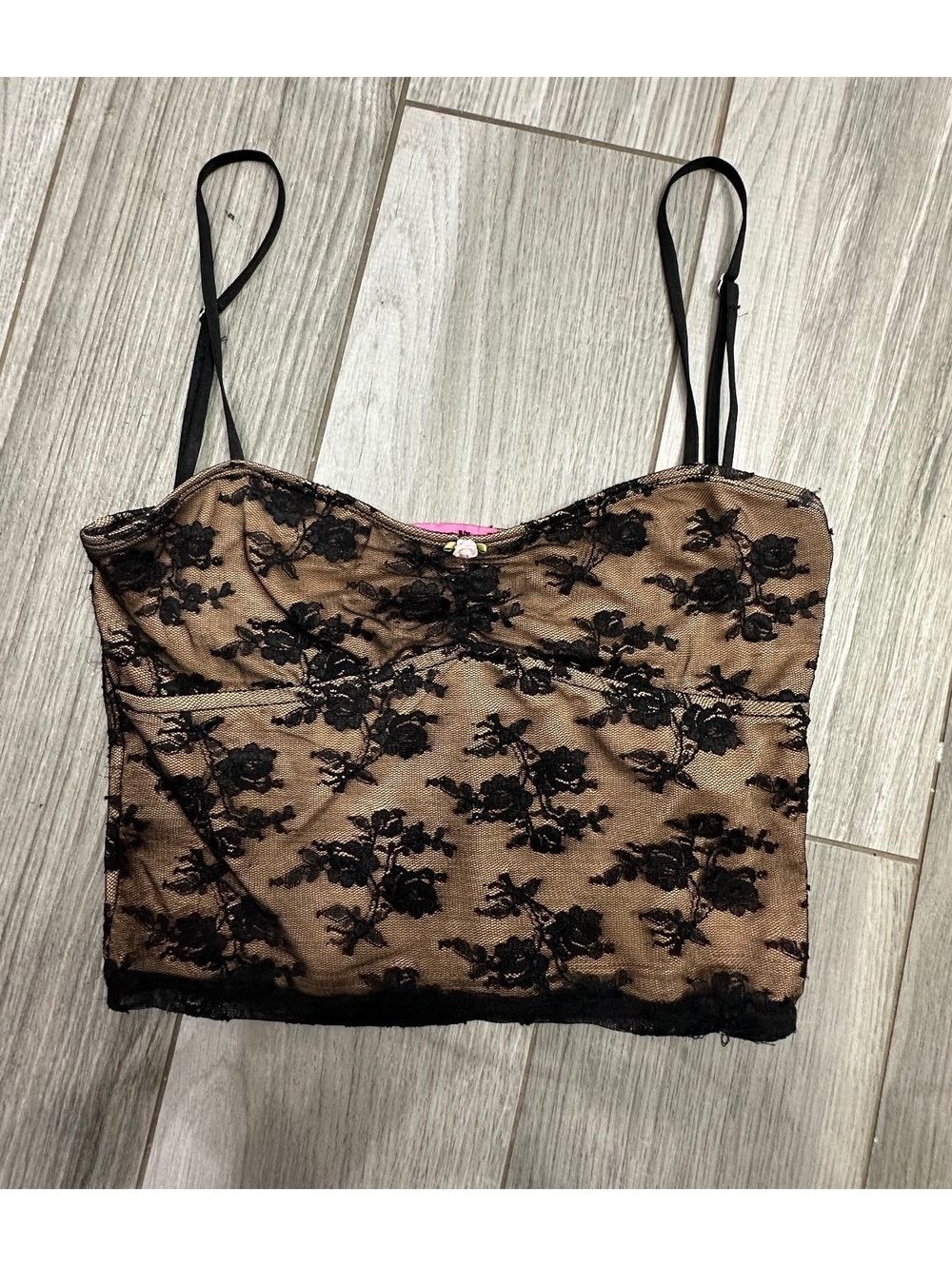 Edikteed XS Black Floral Lace Crop Top with Pink Rose Detail